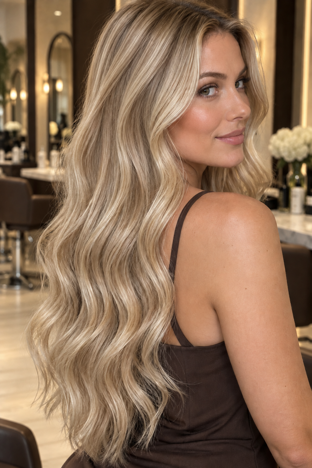 Blonde flat-weft extensions styled in soft waves